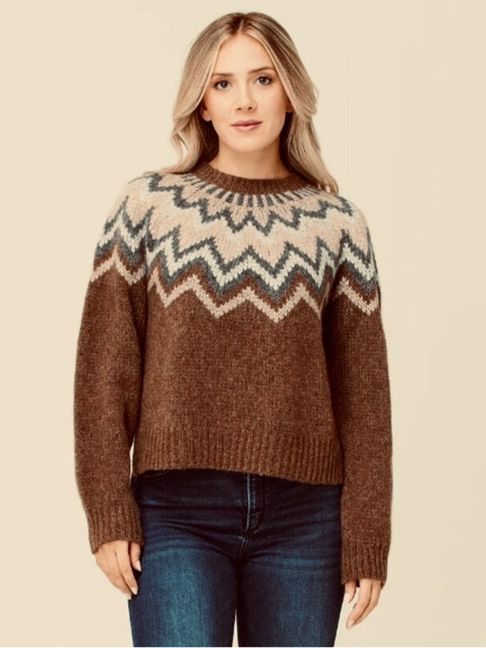 NWT. Krimson Klover. Alpaca Blend Fairisle Sweater. Brown. Size Large.